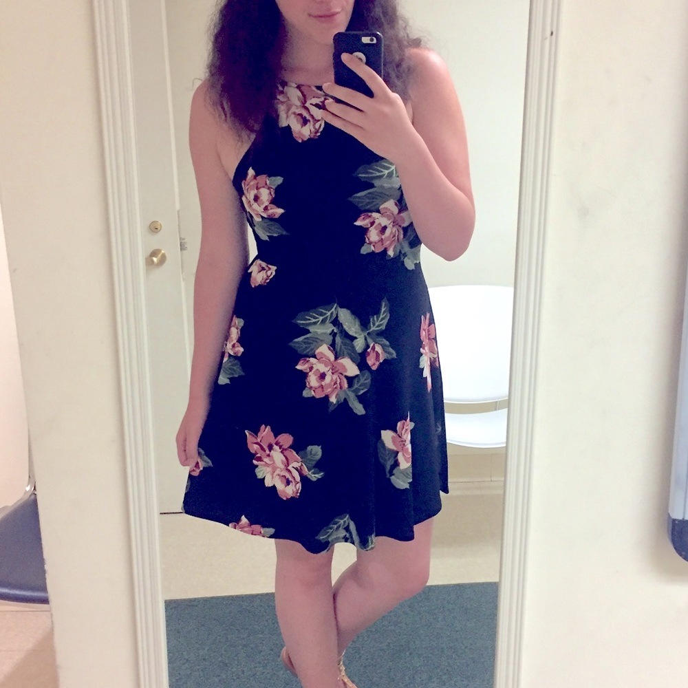 Lush high neck floral a-line knee length dress